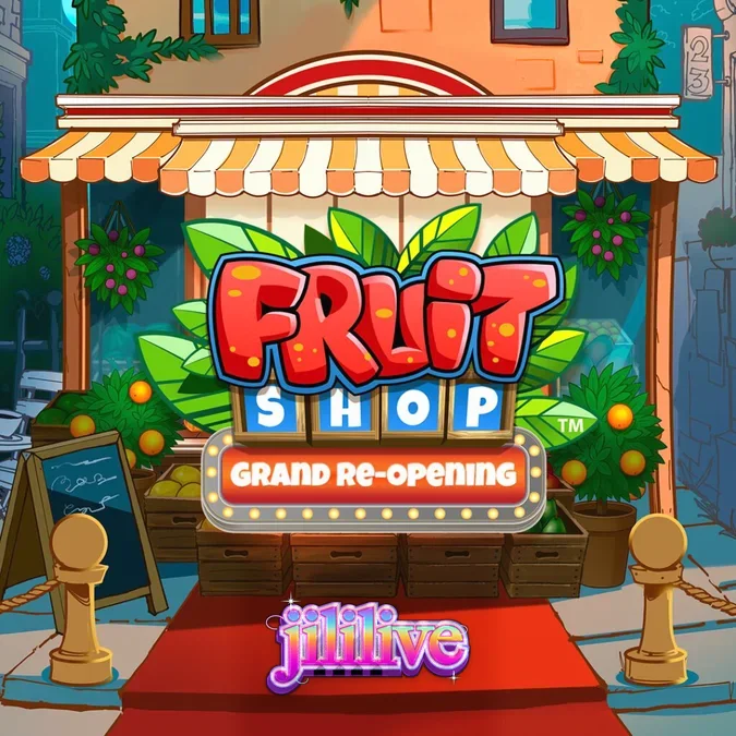 Fruit Shop Grand Re-Opening স্লট গেমের রঙিন ইন্টারফেস এবং ফলের প্রতীকসমূহ